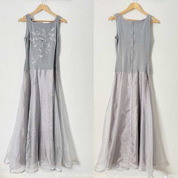 Vintage 1990’s Tadashi Gray Embroidered Maxi Dress - Picture 1 of 6